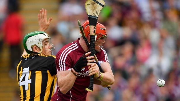 Conor Whelan, Galway, and Paddy Deegan, Kilkenny, during the Leinster SHC encounter at Pearse Stadium.
