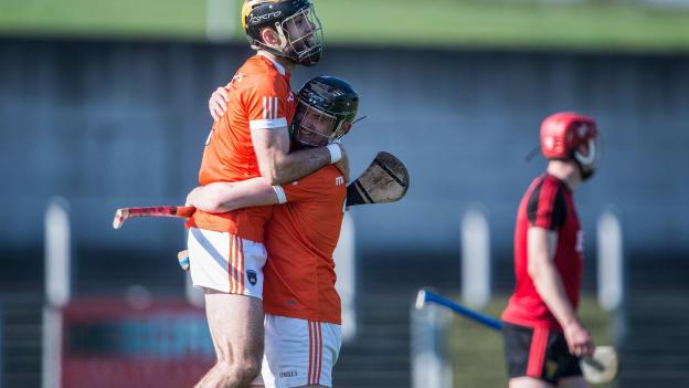 Armagh players Ciaran Clifford and Tiarnan Nevin celebrate following their Ulster SHC Semi-Final win over Down.