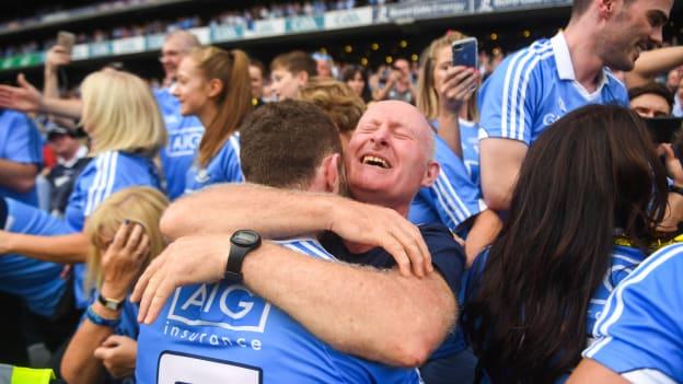 Jack McCaffrey shares a moment with his father Noel after Dublin's All-Ireland SFC Final victory over Tyrone. 
