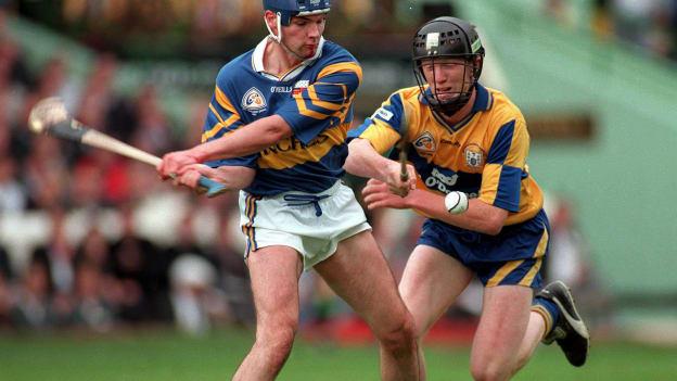 Conal Bonnar, Tipperary, and Niall Gilligan, Clare, collide during the 1997 All Ireland Final at Croke Park.