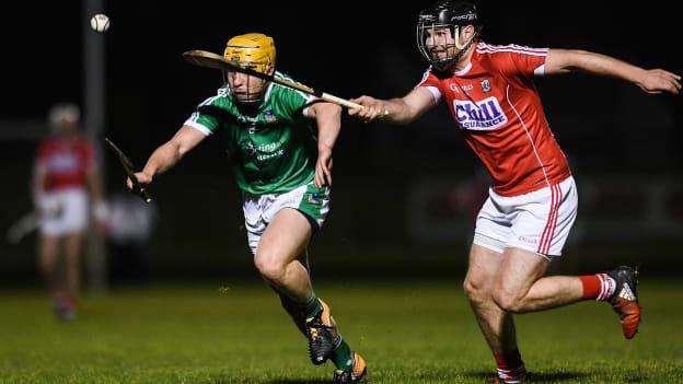 Paul Browne, Limerick, and Dean Brosnan, Cork, in action during the Co-op Superstores Munster Hurling League game in Mallow.