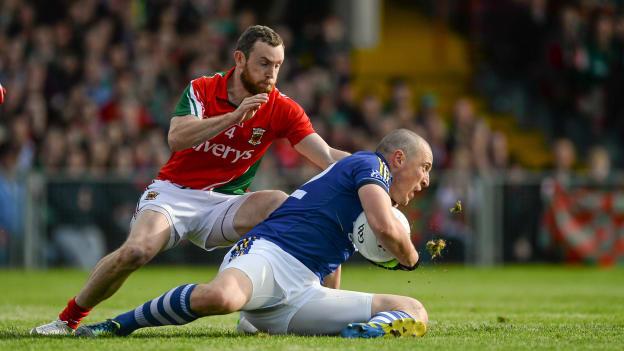 Keith Higgins, Mayo, and Kieran Donaghy, Mayo, during the 2014 All Ireland SFC Semi-Final replay at the Gaelic Grounds.