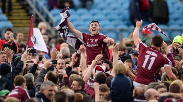 Galway celebrating following a famous win over Mayo at Elverys MacHale Park.