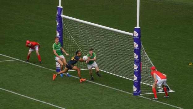 Karl O'Connell makes a goal-saving intervention for Ireland against Australia in the 2017 International Rules Series. 