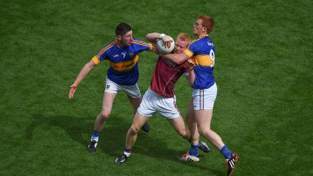 Jimmy Feehan and George Hannigan, Tipperary, and Declan Kyne, Galway, in action at Croke Park last Sunday.