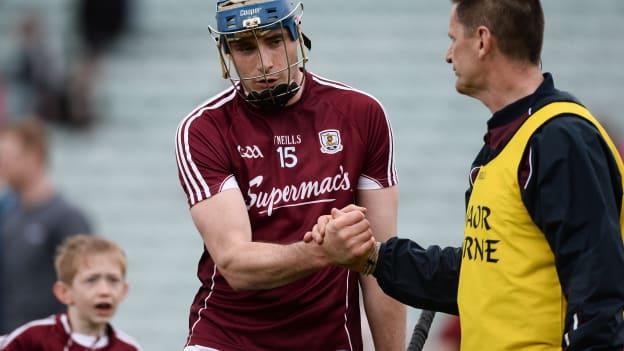 Galway forward Conor Cooney and selector Noel Larkin following the win over Limerick at the Gaelic Grounds.