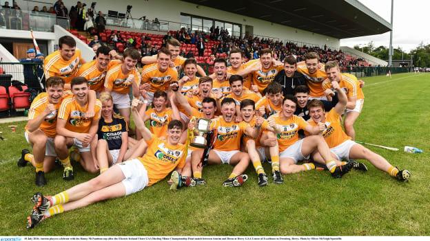 Antrim celebrate their Ulster Minor Hurling Final victory.