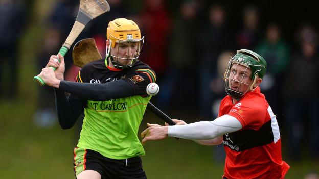 Jack Fagan, IT Carlow, and Ian Kenny, UCC, during the Independent.ie Fitzgibbon Cup Semi Final at Dangan.
