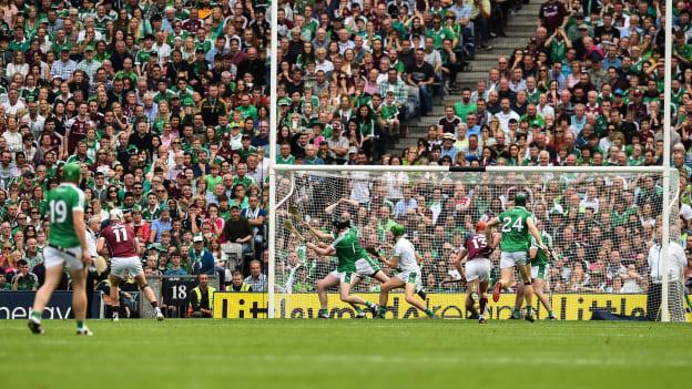 Joe Canning drills Galway's second goal to the back of the net from a 21-yard free. 