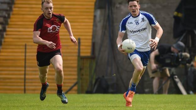 David McKibbin, Down, and Conor McManus, Monaghan, during the 2016 Ulster SFC Quarter-Final.