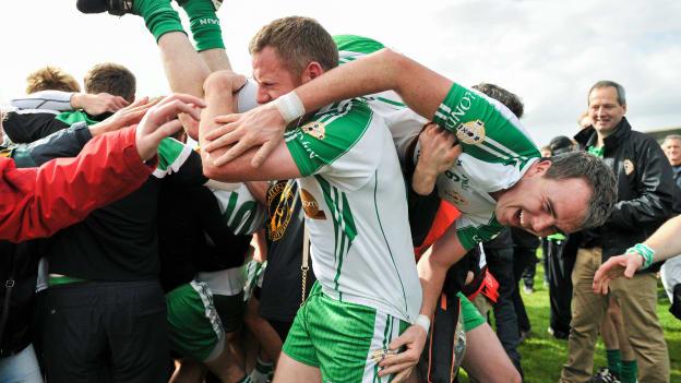 London footballers Lorcan Mulvey and Shane Mulligan celebrate following the 2013 Connacht Championship Semi-Final replay win over Leitrim at Dr Hyde Park.