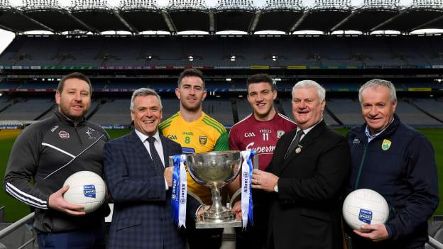 Kildare manager Cian O Neill, Sean McGrath, CEO Allianz Ireland, Paddy McBrearty, Donegal, Damien Comer, Galway, Uachtarán Chumann Lúthchleas Gael Aogán Ó Fearghail and Kerry selector Mikey Sheehy pictured at the Allianz Football League launch.