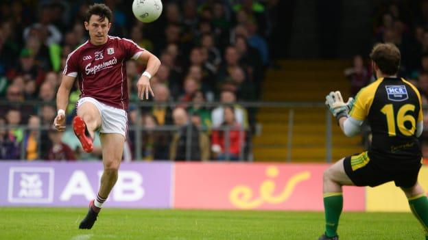 Sean Armstrong kicking a point for Galway against Donegal at Markievicz Park.