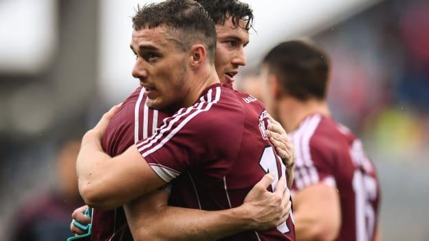 Ian Burke and Eamonn Brannigan of Galway celebrate after the GAA Football All-Ireland Senior Championship Quarter-Final Group 1 Phase 1 match between Kerry and Galway at Croke Park, Dublin. 