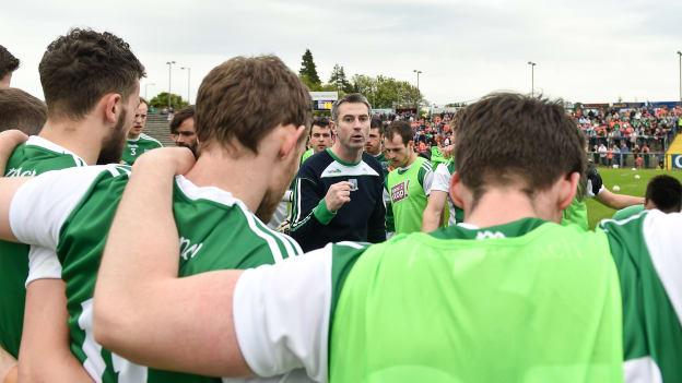 Fermanagh manager Rory Gallagher talks to his team before the Ulster SFC Quarter-Final against Armagh. 