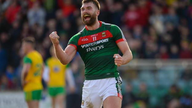 Aidan O Shea celebrates at the full time whistle as Mayo survived in Division One.