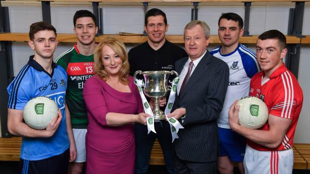 In attendance at the launch of the 2017 EirGrid GAA Football Under 21 All-Ireland Championship, are from left, Cillian O Shea of Dublin, Brian Reape, Mayo, Rosemary Steen, EirGrid Director of External Affairs, EirGrid U21 Football Ambassador Sean Cavanagh
