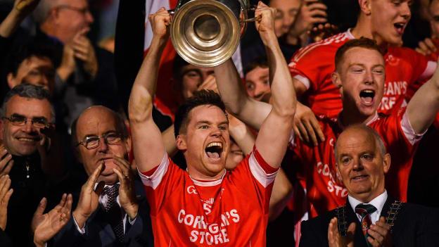 Ballintubber captain Damien Coleman lifts the Paddy Moclair Cup after victory over Breaffy in the Mayo SFC Final. 