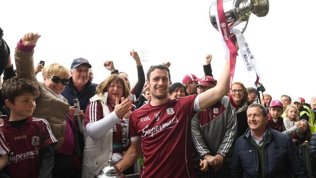 Galway captain David Burke with the Allianz Hurling League trophy.