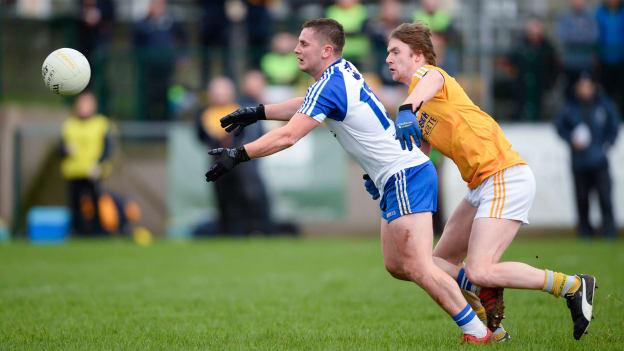 Seamus McGarry, Antrim, and Brian Greenan, Monaghan, tussle for possession in Glenavy.