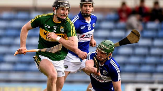 Bryan Murphy (Kerry) and Willie Dunphy (Laois) in action during the Allianz Hurling League Division 1B relegation play/off.