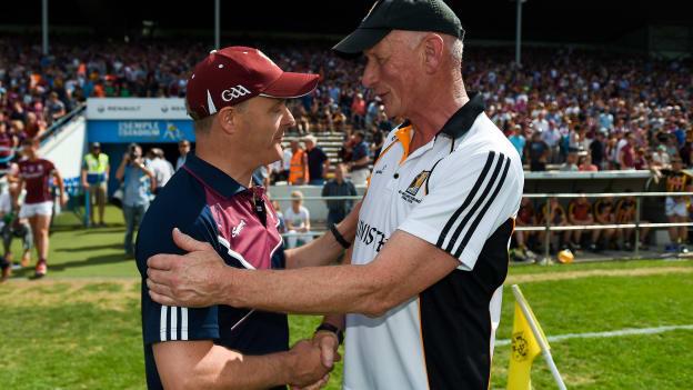 Galway manager Micheál Donoghue shakes hands with Kilkenny manager Brian Cody after the match. 
