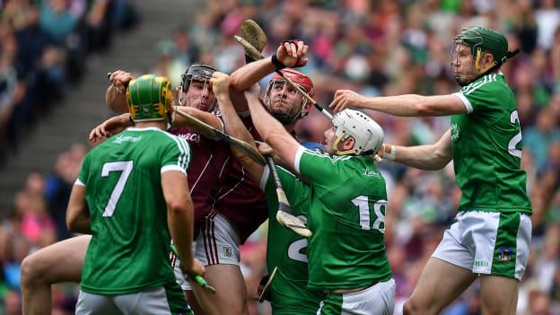 Limerick's Tom Condon (number 18) pictured a second before he caught the sliotar in the final play of the All-Ireland SHC Final. 
