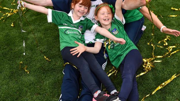 Limerick manager John Kiely celebrates with his family, wife Louise, and daughters Aoife, left, and Ruth, after the All-Ireland SHC Final. 