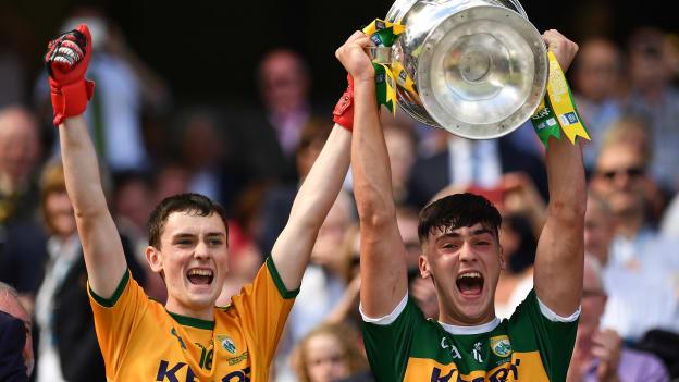 Kerry captain Paul O'Shea, right, and Keith O'Leary lift the Tom Markham Cup following victory over Galway in the Electric Ireland All-Ireland Minor Football Final. 