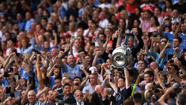 Dublin captain Stephen Cluxton lifts the Sam Maguire Cup after victory over Tyrone in the All-Ireland SFC Final. 