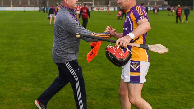 Kilmacud Crokes manager Anthony Daly celebrates with defender Niall Corcoran after victory over Cuala in the Dublin SHC semi-final. 