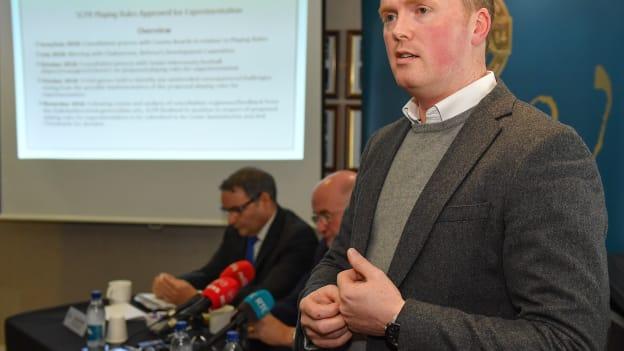 David Hassan, Chairman of the Standing Committee on Playing Rules, speaking during an Experimental Football Rule Changes media briefing at Croke Park in Dublin.