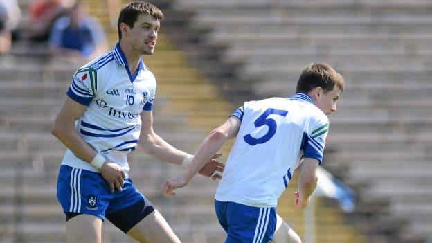 Karl O'Connell (r) wheels away in celebration after scoring a goal on his senior debut for Monaghan against Antrim in the 2012 Ulster SFC. 
