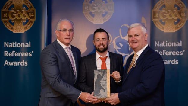 David Gough was presented with the Shane Hourigan Young Referee of the Year Award by Sean Walsh, National Referees Development Committee, and Uachtaran CLG Aogan O Fearghail.