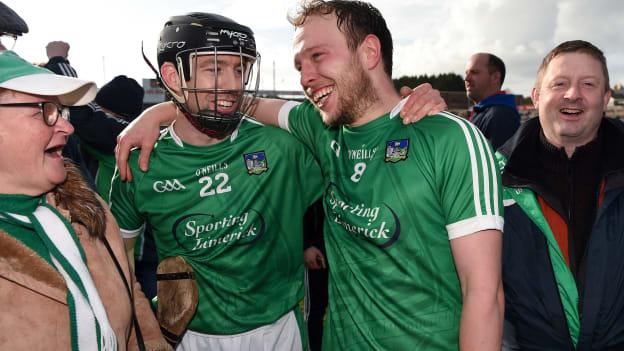Graeme Mulcahy and Paul Browne celebrate after Limerick secured promotion from Division 1B of the Allianz Hurling League beating Galway at Pearse Stadium in March.