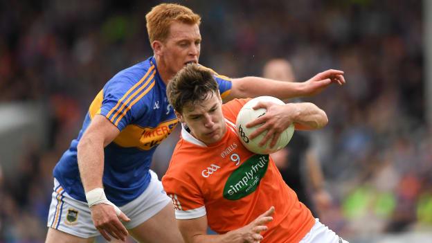 Niall Grimley, Armagh, and George Hannigan, Tipperary, in action at Semple Stadium.