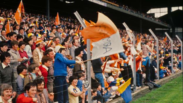 Armagh and Roscommon supporters cheer on their teams in the 1977 All-Ireland SFC semi-final.