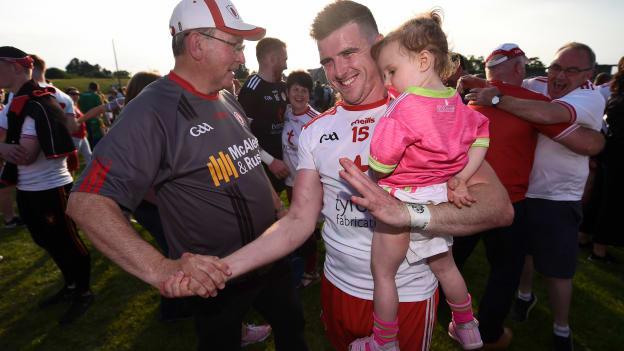 Connor McAliskey of Tyrone and his 11-month-old niece Grace pictured after the All-Ireland SFC Qualifier Round 1 victory over Meath. 