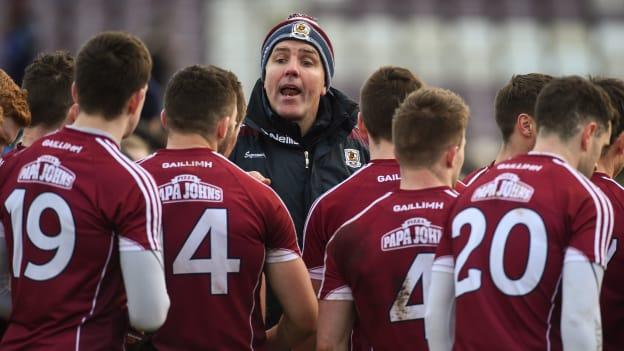 Kevin Walsh talks to his Galway team after the Allianz League Division One win over Mayo in February.