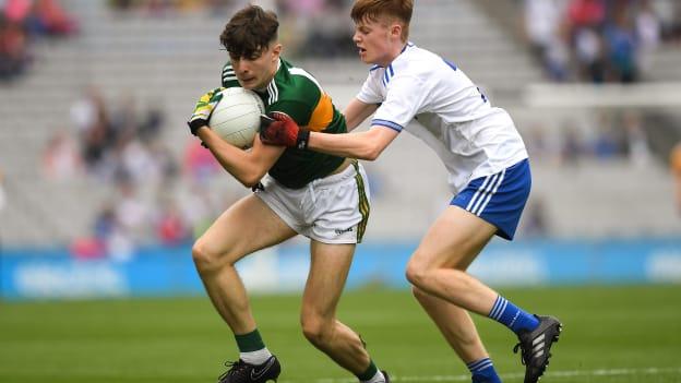 Patrick D'arcy, Kerry, and Michael Meehan, Monaghan, in Electric Ireland Minor Championship action at Croke Park.