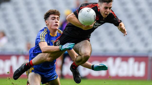 Tomas Hoy, Tyrone, and Jack Keane, Roscommon, during the All Ireland Under 17 Football Championship Final at Croke Park.