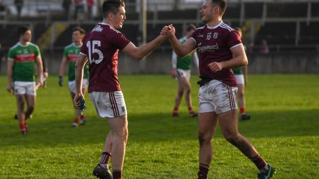 Barry McHugh and Cillian McDaid celebrate following Galway's Connacht FBD League victory over Mayo.