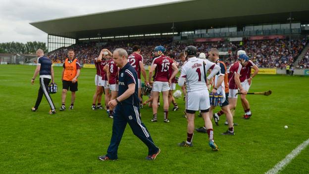 Micheal Donoghue pictured with the Galway team before the Leinster SHC Quarter Final against Dublin.