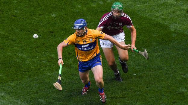 Podge Collins of Clare in action against Adrian Tuohy of Galway during the GAA Hurling All-Ireland Senior Championship semi-final match.