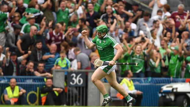 Shane Dowling celebrates after scoring a goal for Limerick against Galway in the 2018 All-Ireland SHC Final.