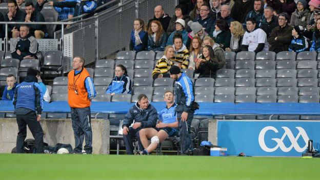 Ciaran Kilkenny sits with Jim Gavin shortly after suffering the ACL injury in March 2014