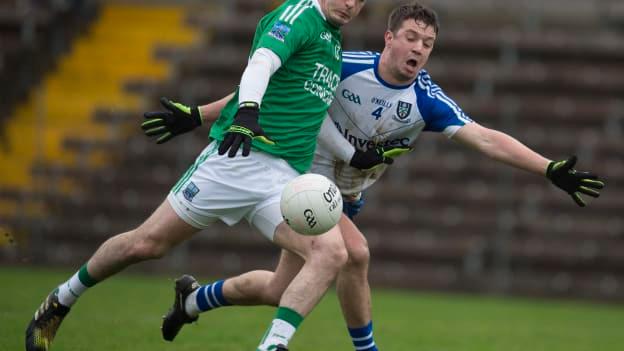 Eddie Courtney, Fermanagh, and Ryan Wylie, Monaghan, during a Dr McKenna Cup clash in January in Clones.