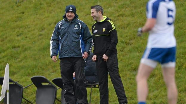 Malachy O Rourke and Rory Gallagher share a joke during the 2016 Allianz Football League clash between Monaghan and Donegal at Castleblayney.