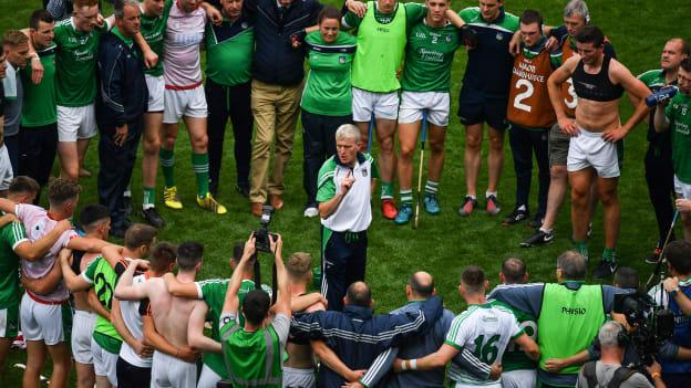 Limerick manager John Kiely addresses his players and backroom team after victory over Cork in the All-Ireland SHC semi-final. 