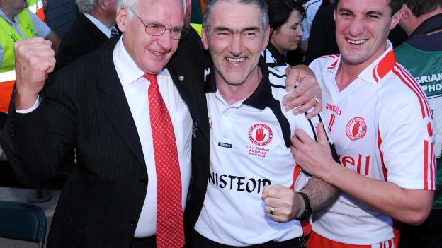 Cuthbert Donnelly, Mickey Harte, and Brian McGuigan celbrate Tyrone's 2008 All-Ireland SFC Final victory over Kerry.